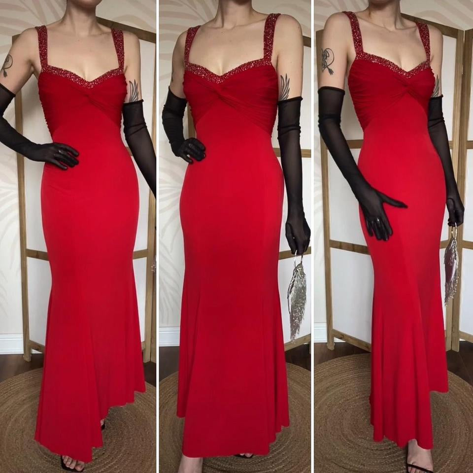 Niki Livas red stretch beaded evening dress UK 12