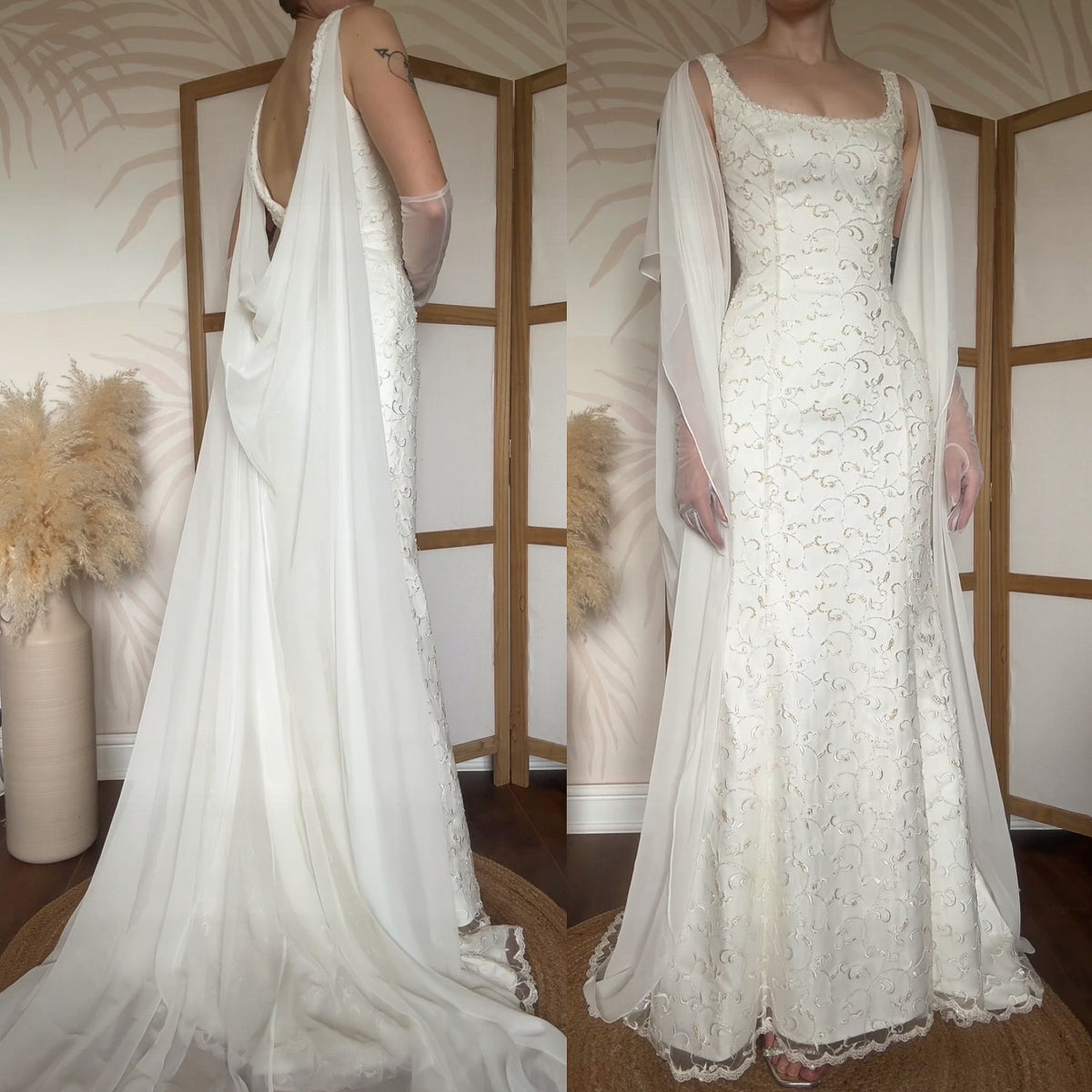 Ivory lace chiffon detail wedding dress uk 10