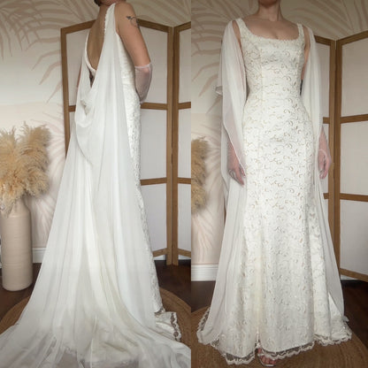 Ivory lace chiffon detail wedding dress uk 10