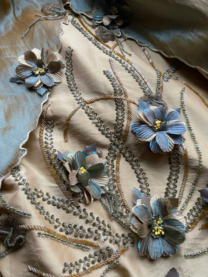 Golden tan 2 piece floral evening set UK 12