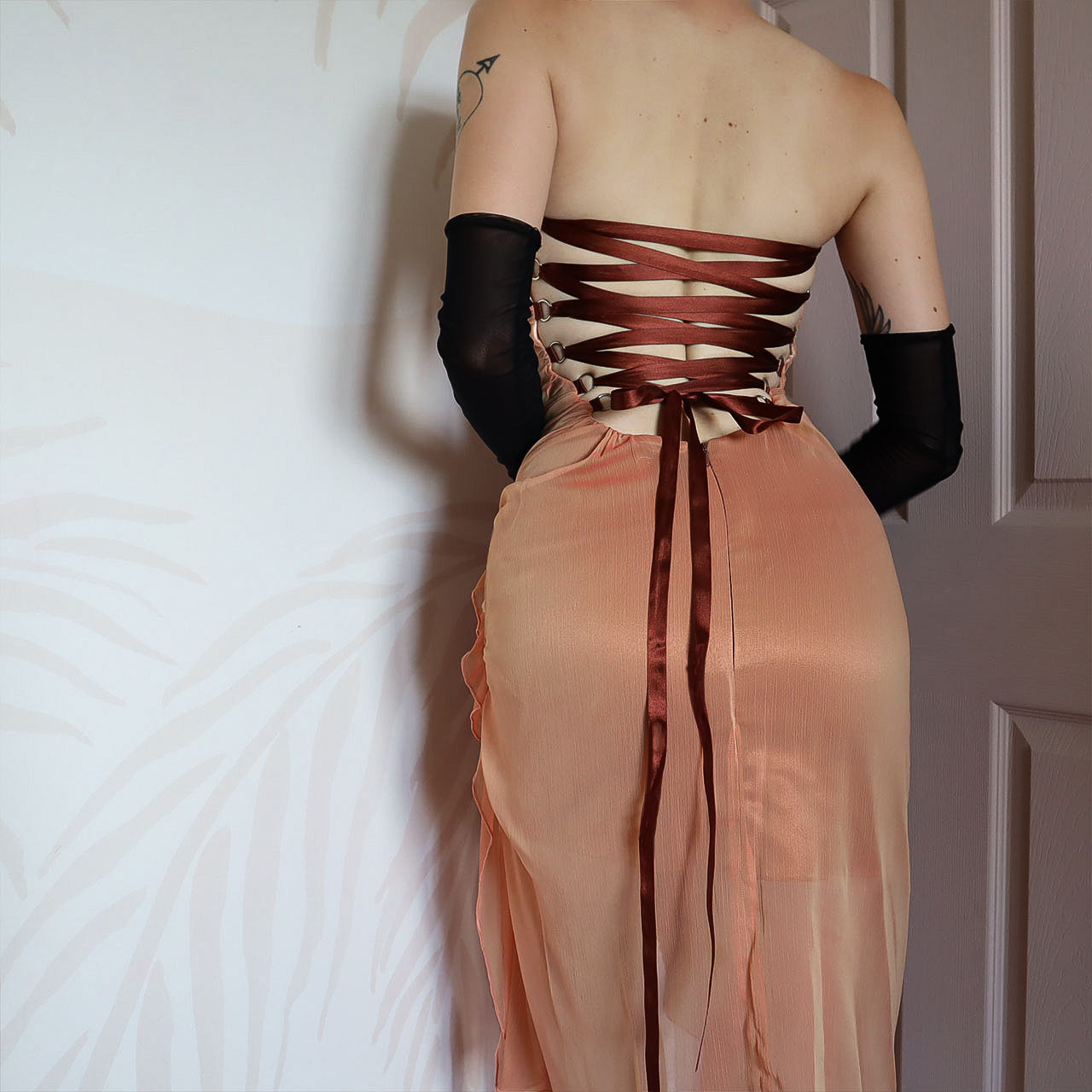 Peach Charas Strapless Lace Up Midi Dress UK 12