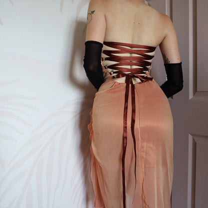 Peach Charas Strapless Lace Up Midi Dress UK 12