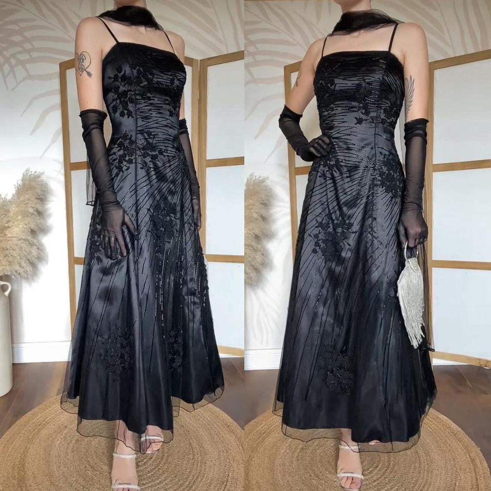 Black beaded a-line prom dress & shawl uk 16