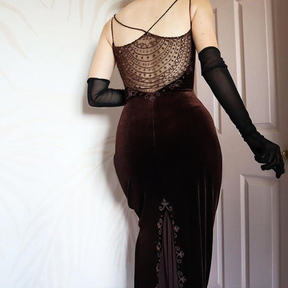 Vintage 90s Dave & Johnny Brown Velvet Beaded Evening Gown UK Size 16