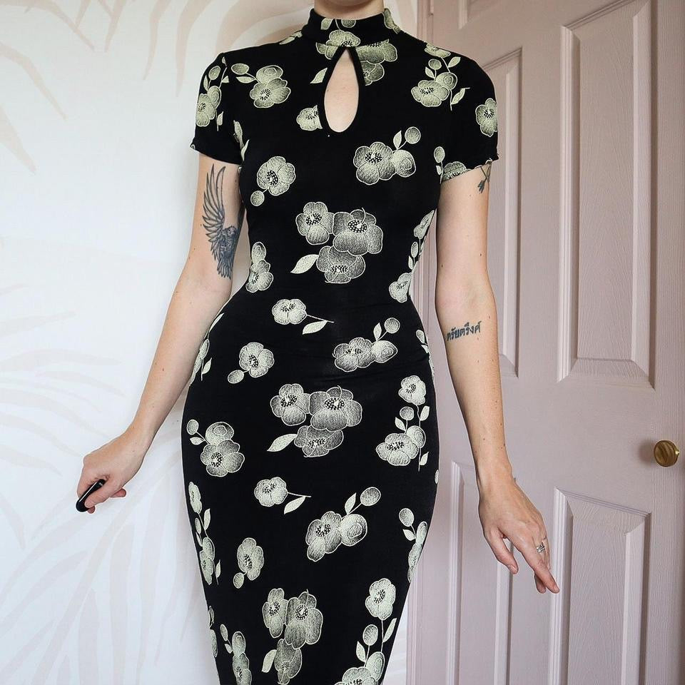 Black stretch high neck short sleeve dress UK 10