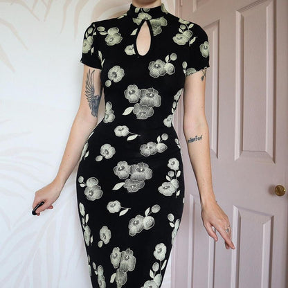 Black stretch high neck short sleeve dress UK 10