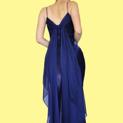 Silky blue evening dress with trail UK 12