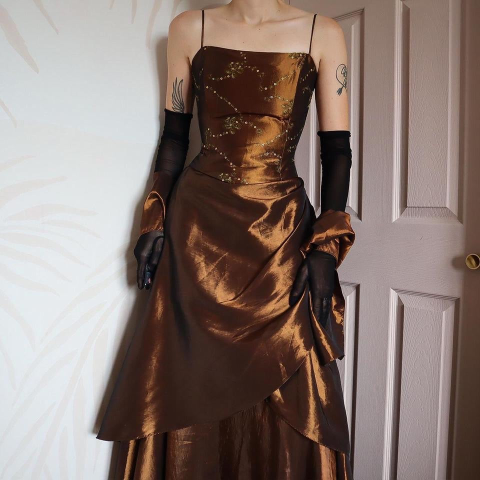 YVE London silky brown layered evening gown UK 12
