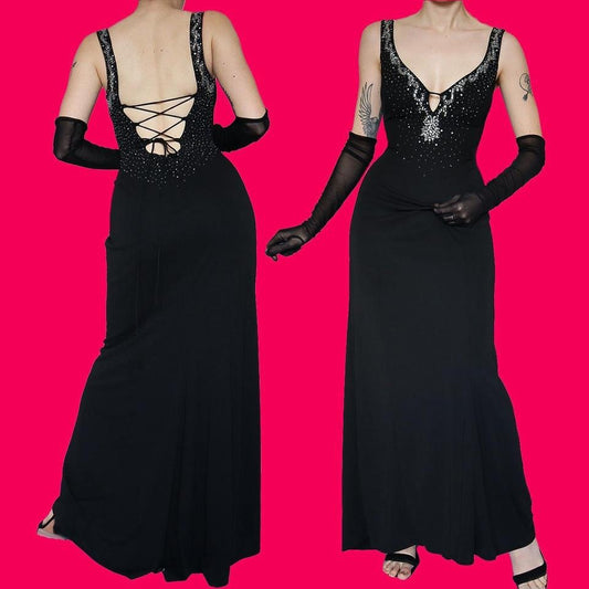 Black low cut lace up back evening dress UK 8-10