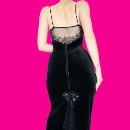 Black Dave & Johnny velvet beaded stretch evening dress UK 14