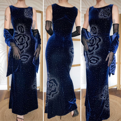 Frank Usher navy velvet beaded dress & shawl uk 14