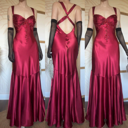 Red satin fishtail prom dress uk 12