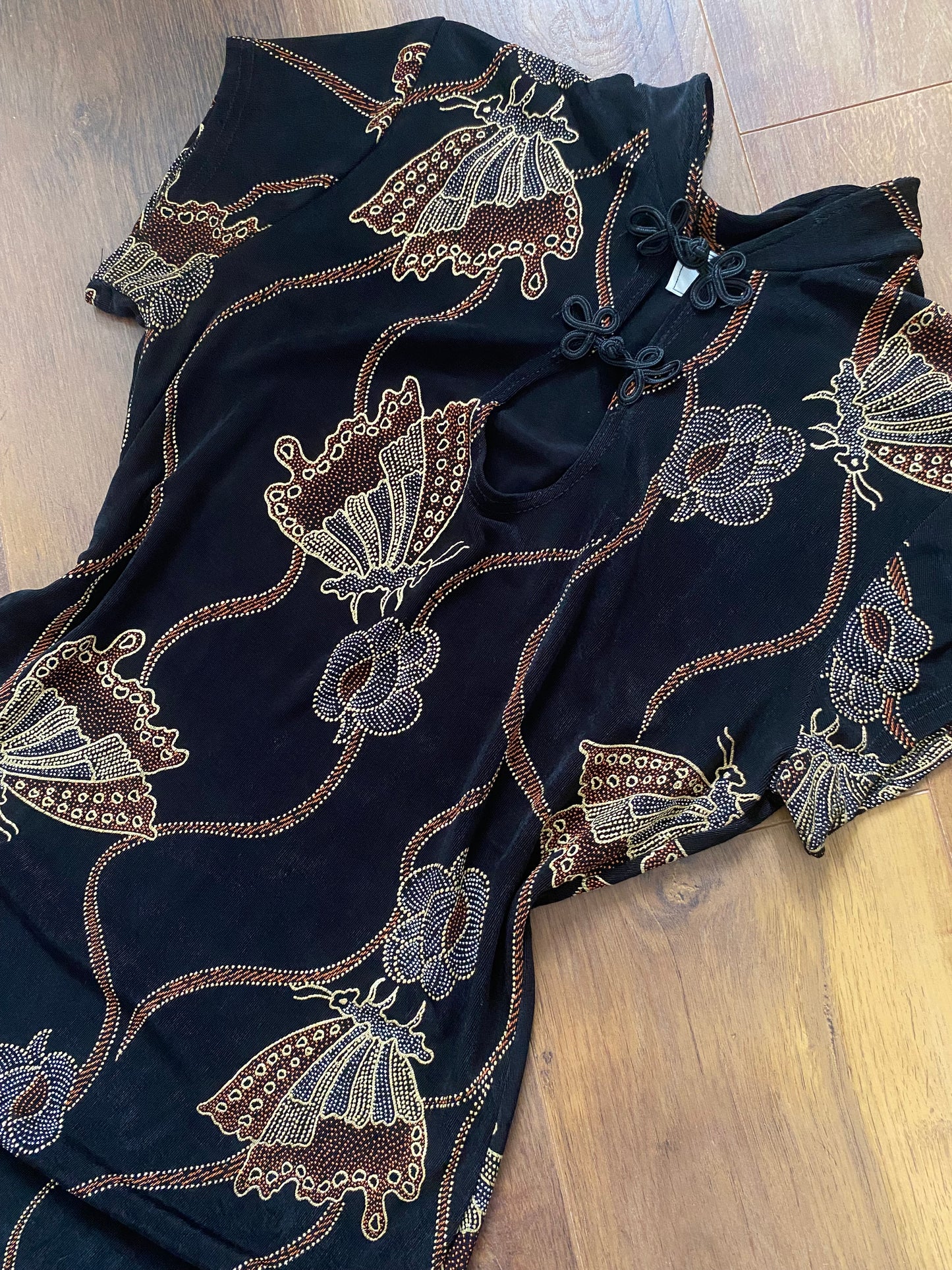 Black stretch butterfly print evening dress uk 12