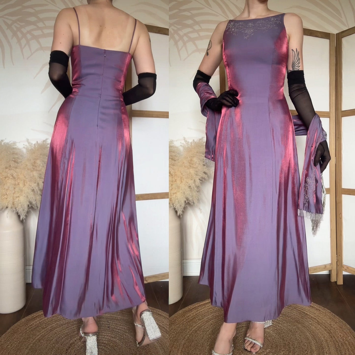 Debut purple iridescent evening dress & shawl uk 12