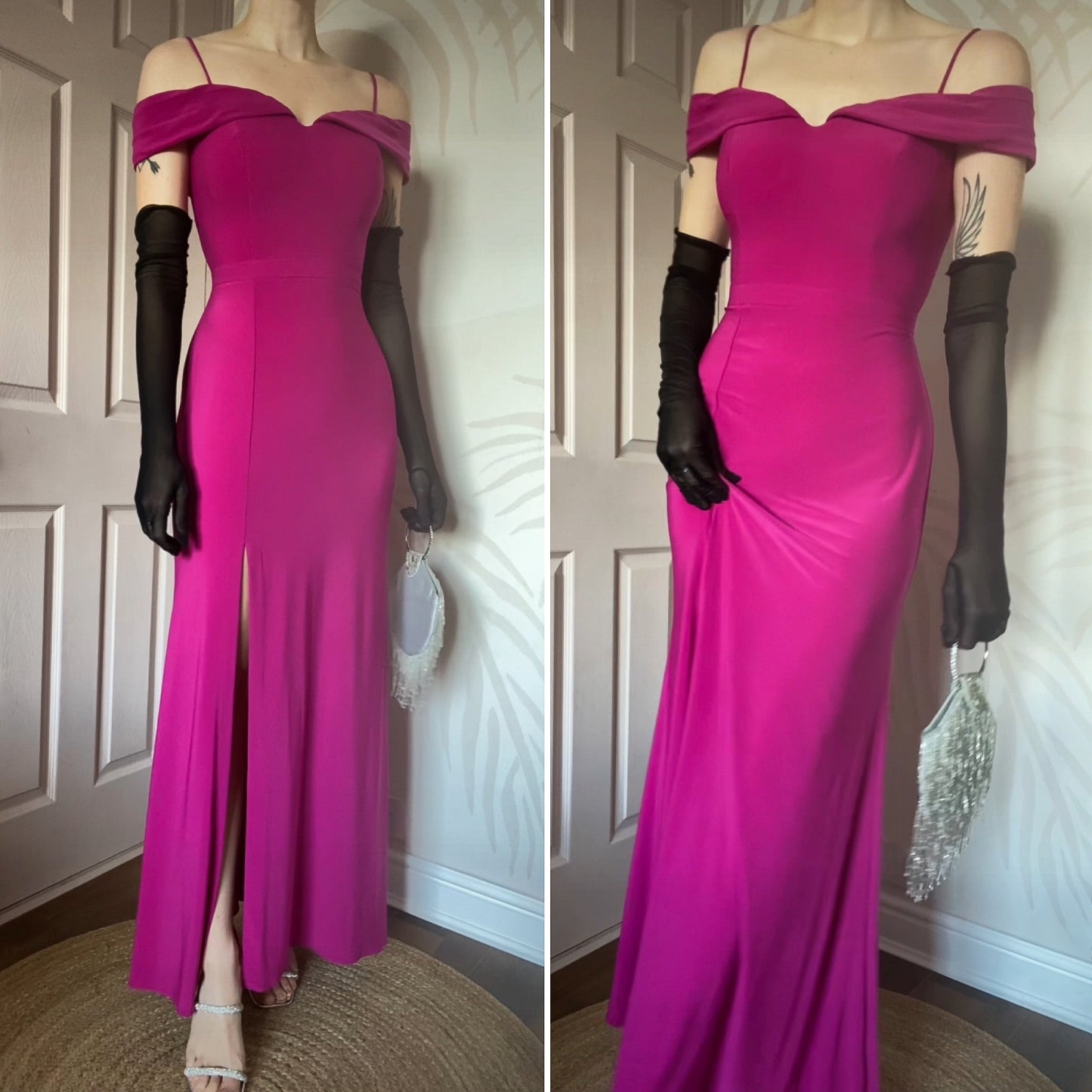 Beautiful fuchsia pink stretch cold shoulder evening dress UK 12