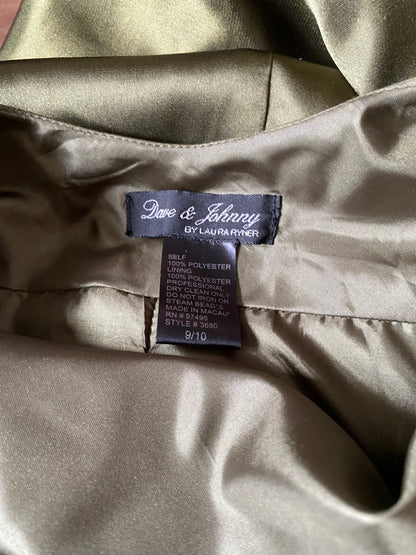 Olive green beaded open back evening gown UK 12