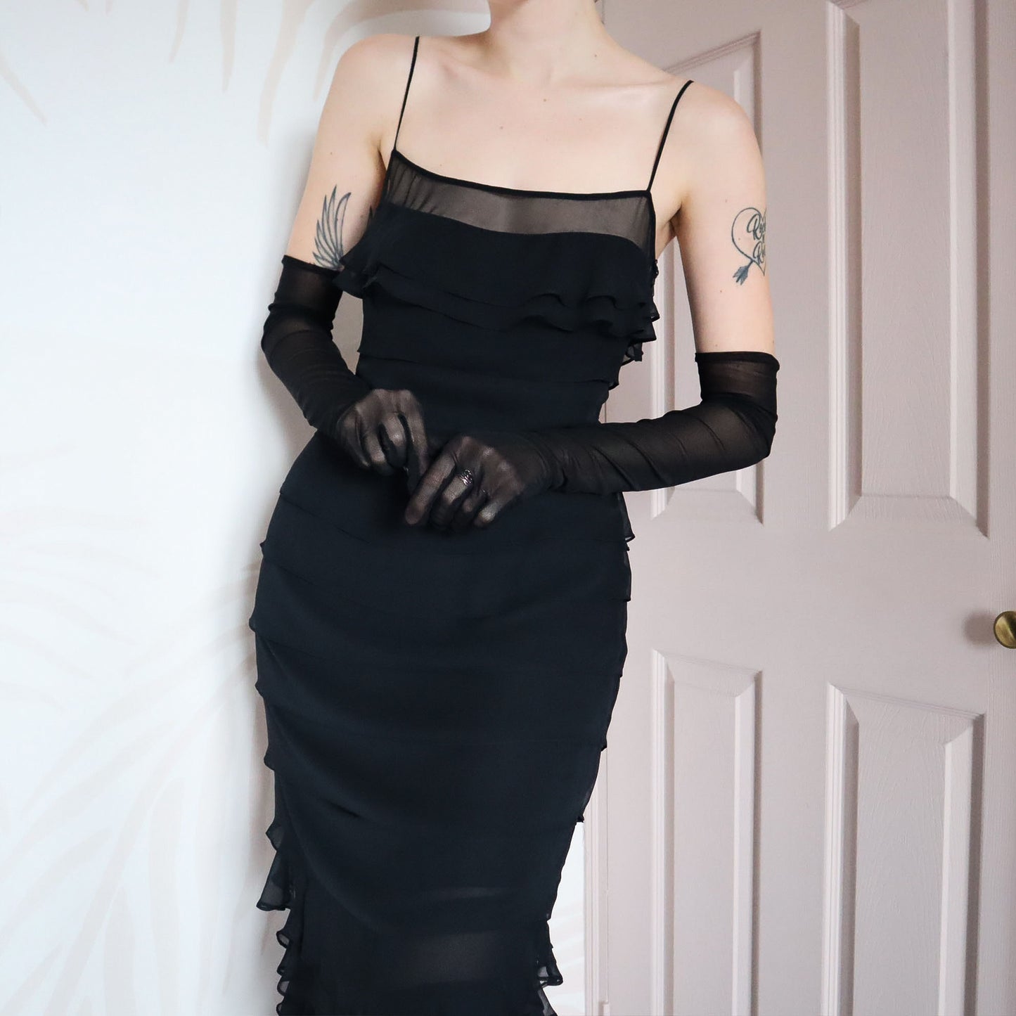 Vintage John Charles black layered evening gown UK 10