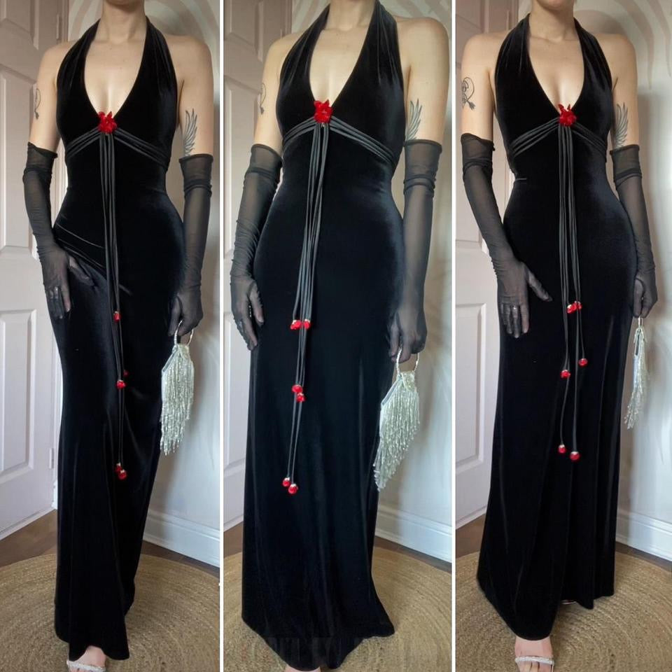 Betsy & Adam black velvet halter-neck evening dress UK 12