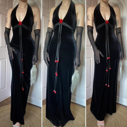 Betsy & Adam black velvet halter-neck evening dress UK 12