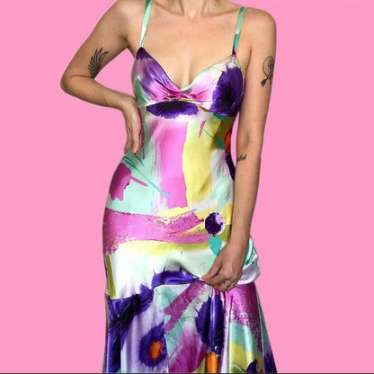 Silky colourful print fishtail evening dress UK 14