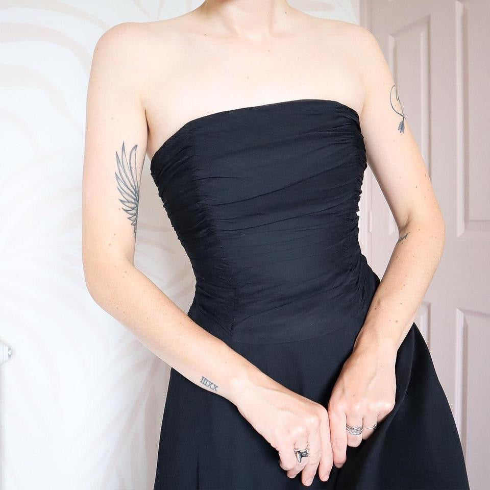 Black 100% silk strapless midi dress UK 12