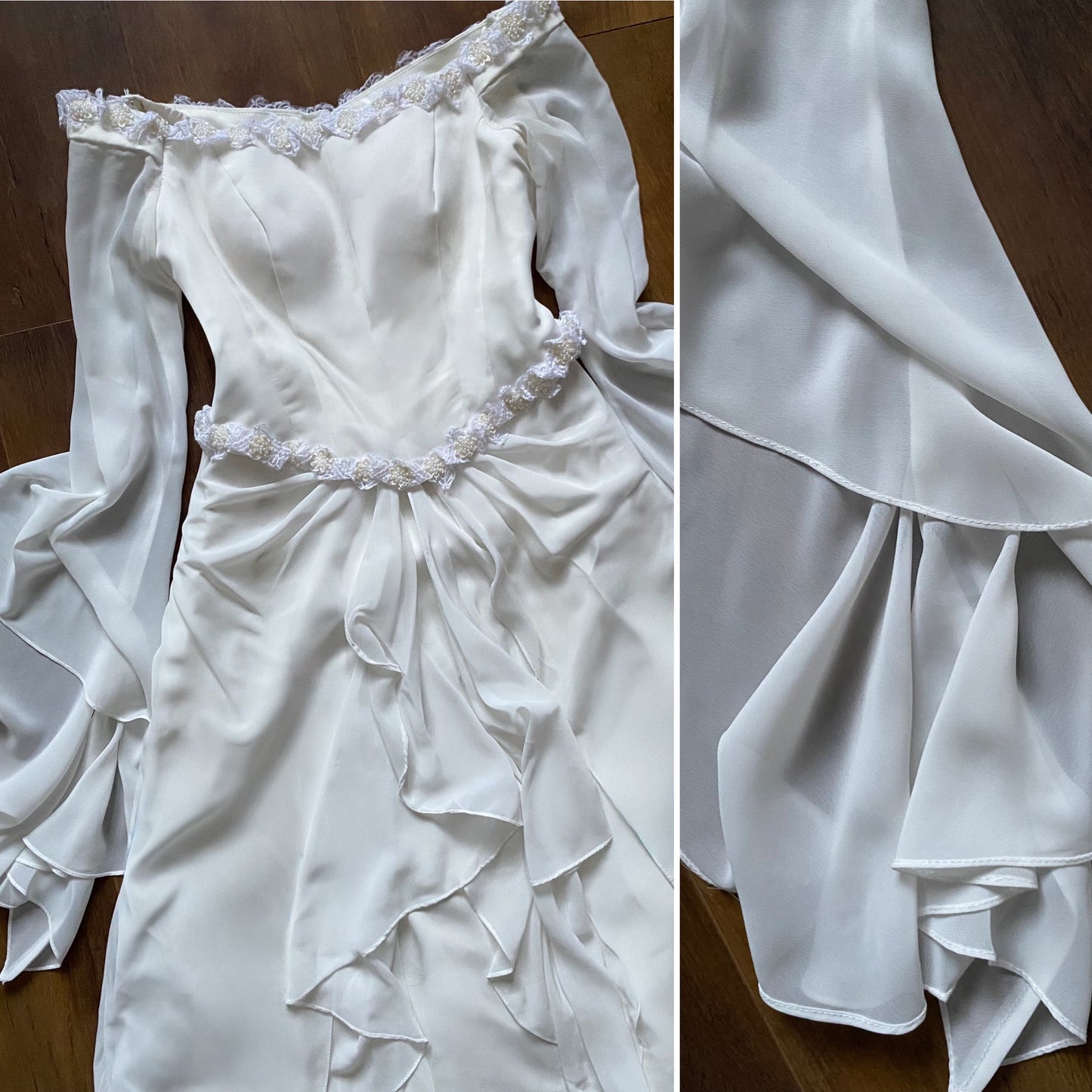 White petite off shoulder long sleeve vintage wedding dress uk 14