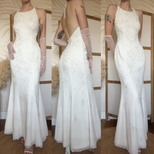Ivory halter-neck beaded wedding dress uk 12