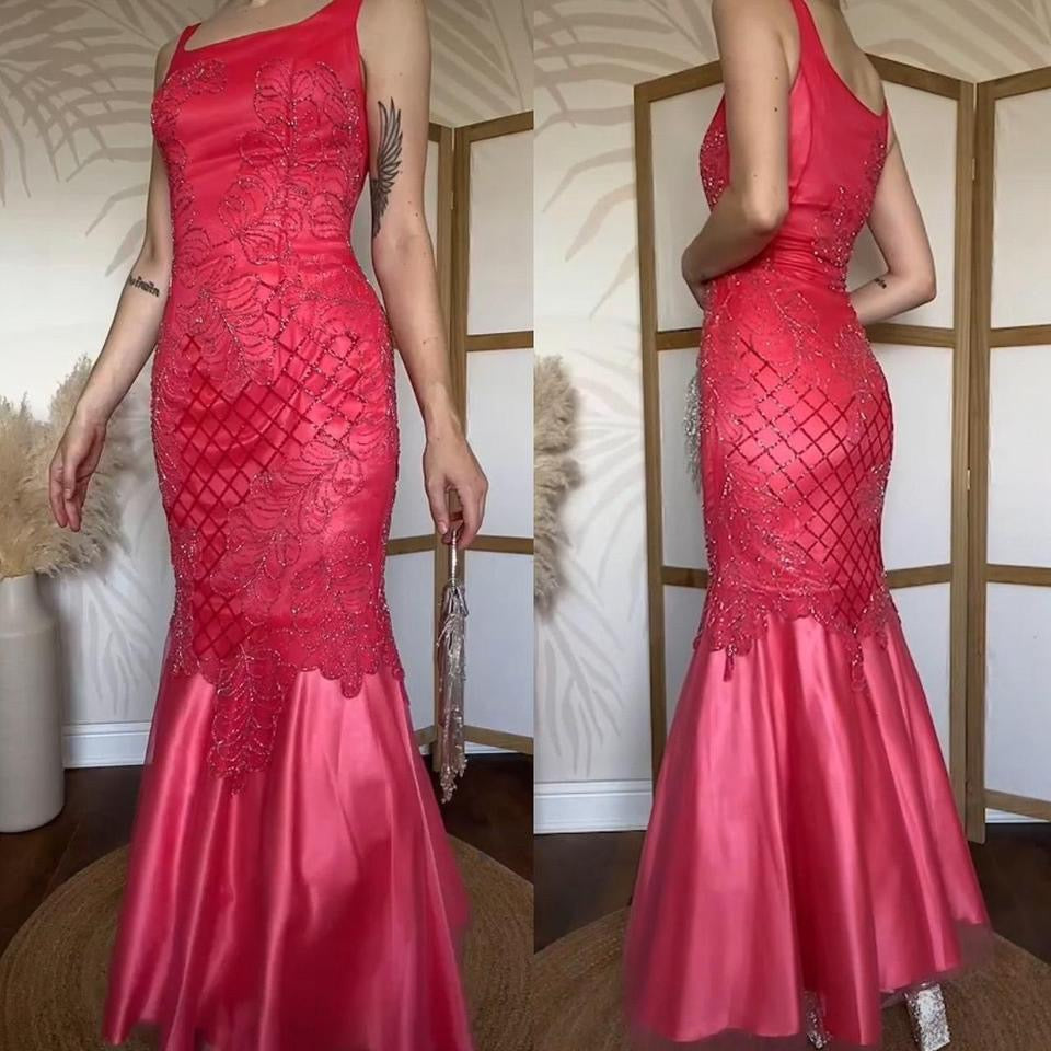 Yve London silk coral beaded fishtail  prom dress uk 10