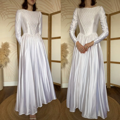 White satin long sleeve vintage wedding dress uk 8