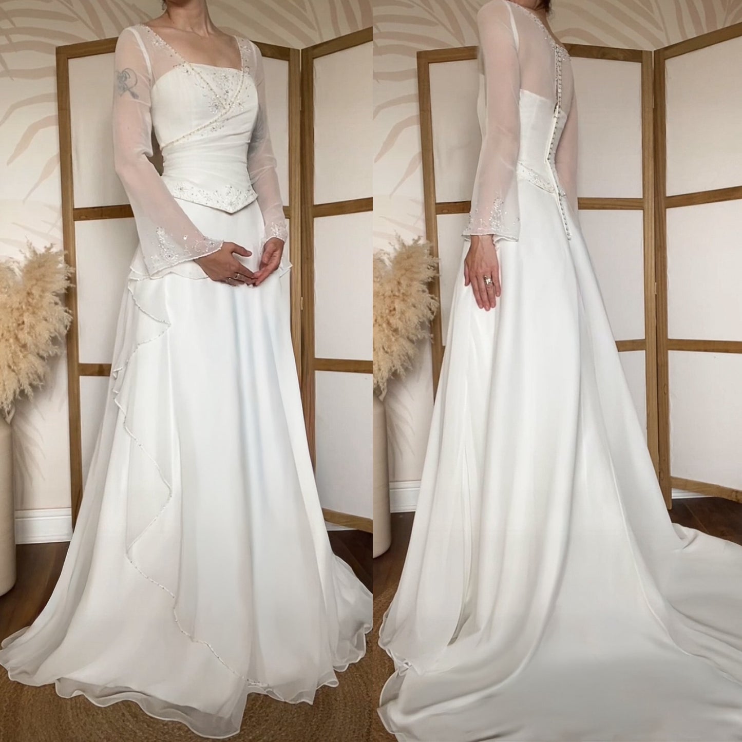 Ivory chiffon long sleeve wedding dress uk 10