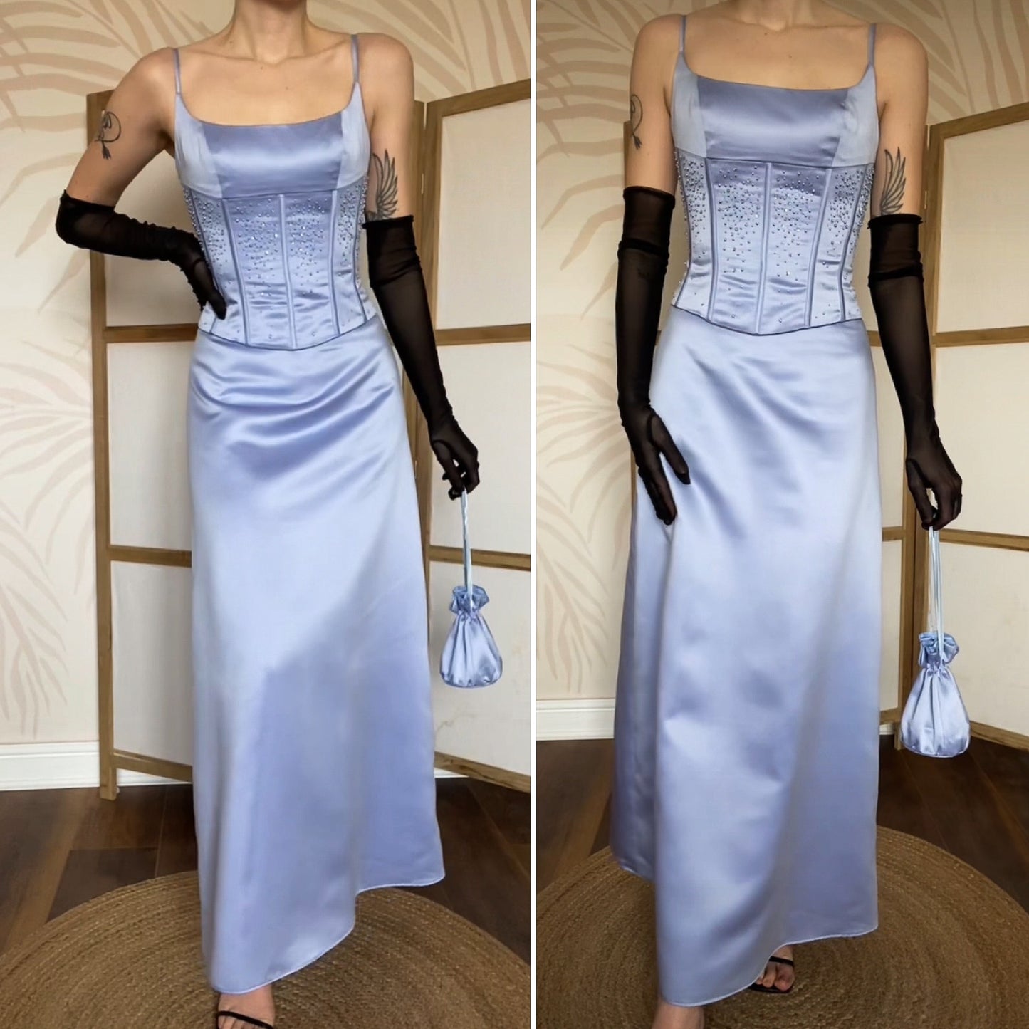 Hilary Morgan dusky blue evening dress & bag UK 10