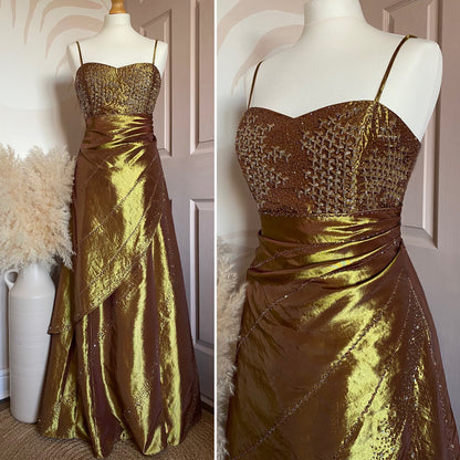 Golden petite taffeta beaded prom dress uk 12