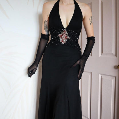 Bernshaw black 100% silk halter-neck evening gown UK 10