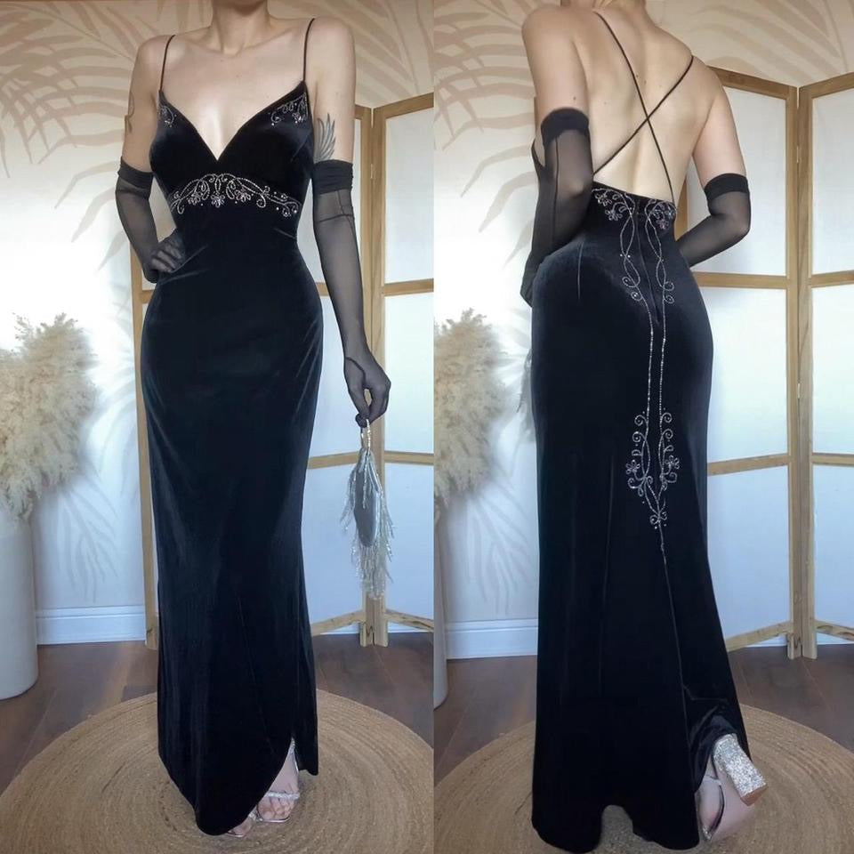 Black 90s velvet beaded evening dress uk 16