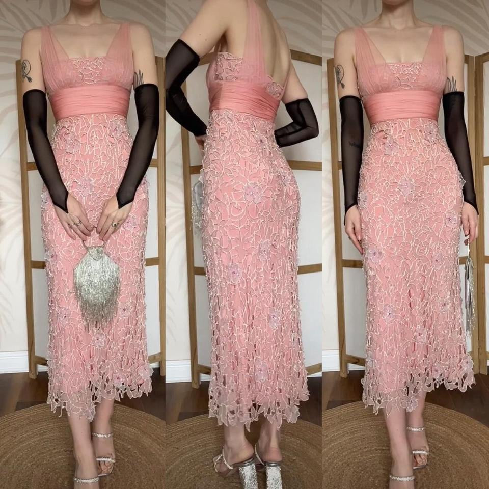 Peach silk beaded midi evening dress UK 10