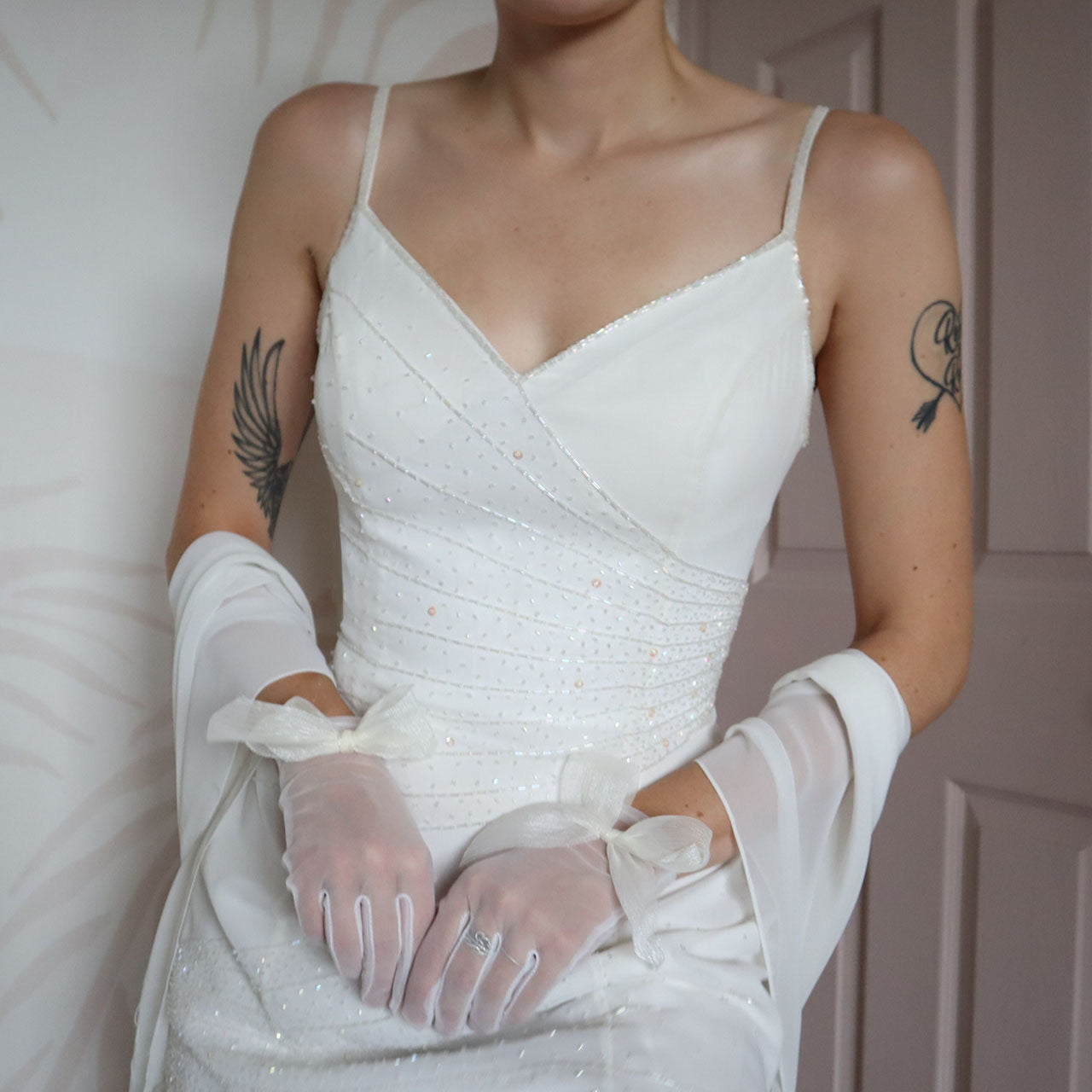 White beaded wedding dress with shawl UK 12