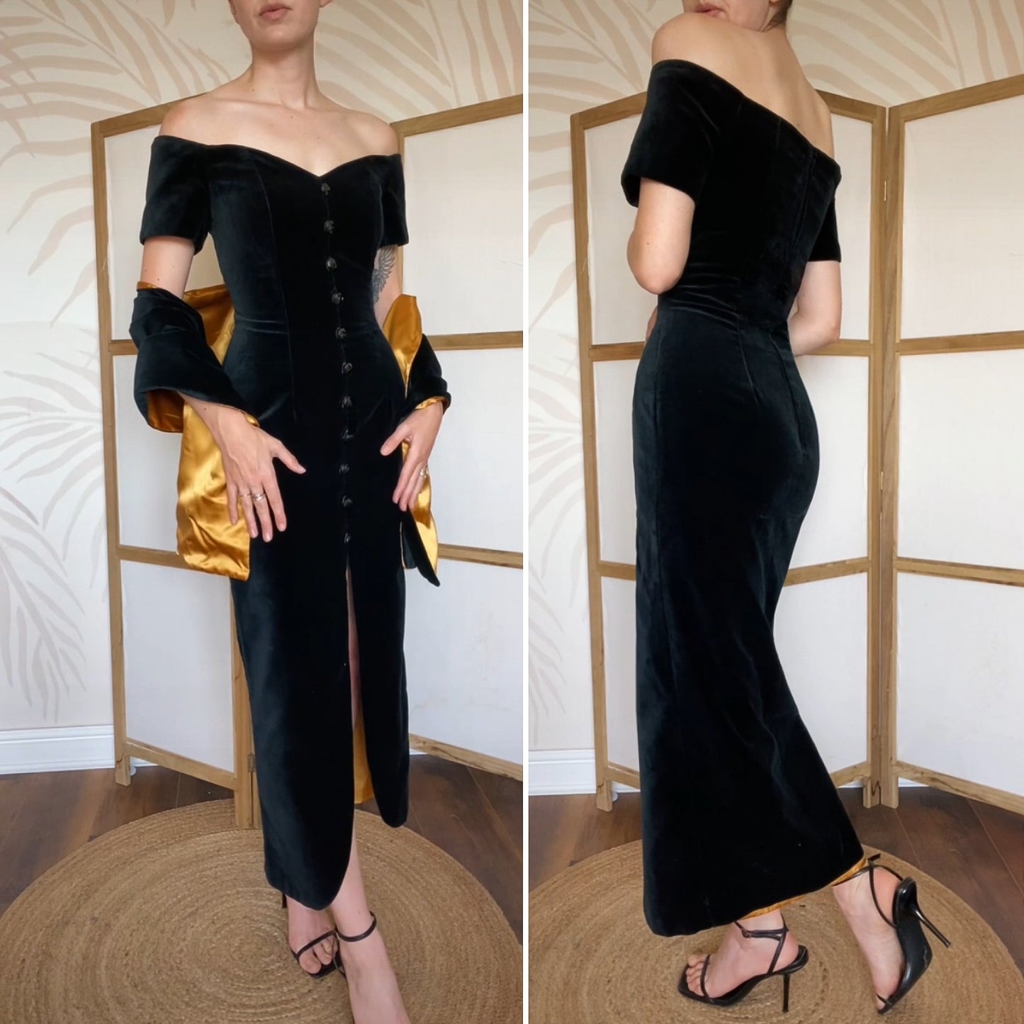 Debut black velvet cold shoulder evening dress & shawl uk 12