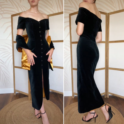 Debut black velvet cold shoulder evening dress & shawl uk 12