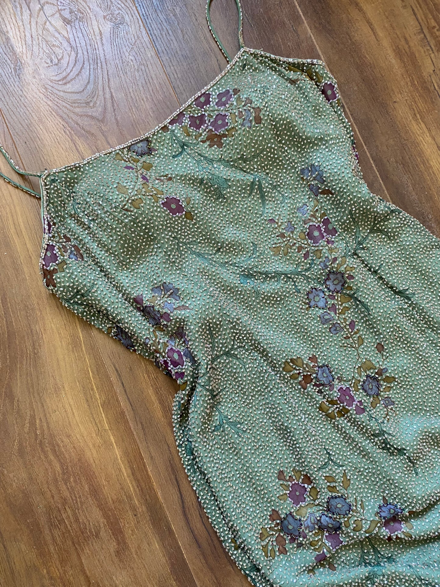 Mon Cheri green silk beaded dress & shawl uk 12