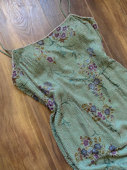 Mon Cheri green silk beaded dress & shawl uk 12