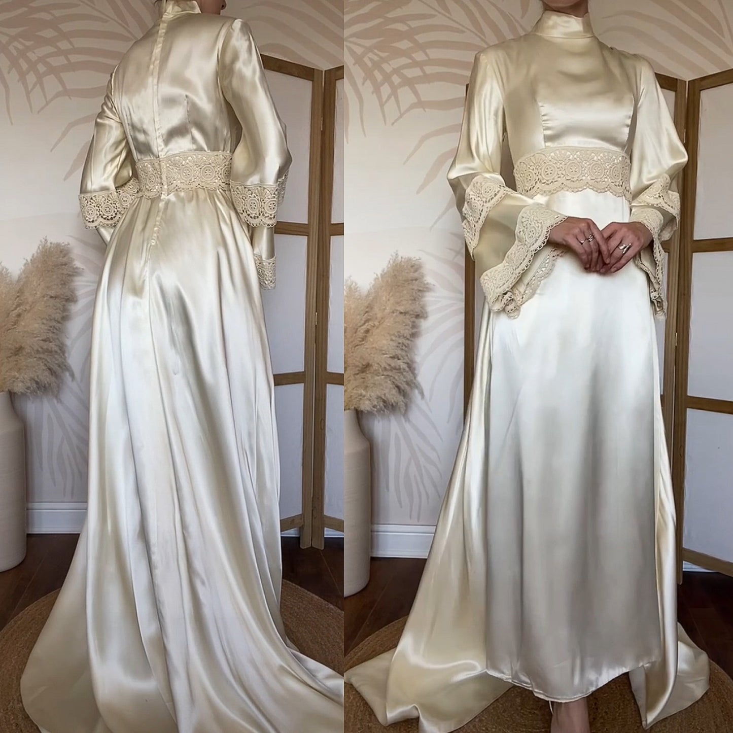 Ivory luxury satin long sleeve 70s wedding dress uk 12