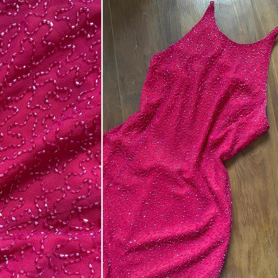 Fuchsia pink Marina beaded open back evening dress uk 10