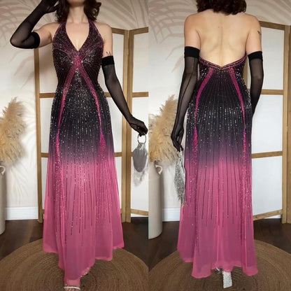 100% silk pink ombré halter neck evening dress uk 8