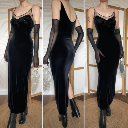 Debut black velvet stretch evening dress uk 14