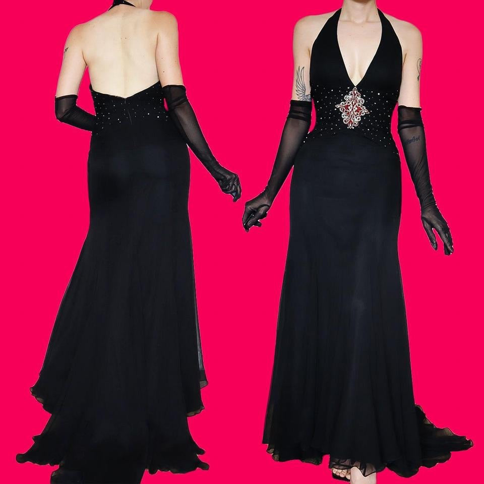 Bernshaw black 100% silk halter-neck evening gown UK 10