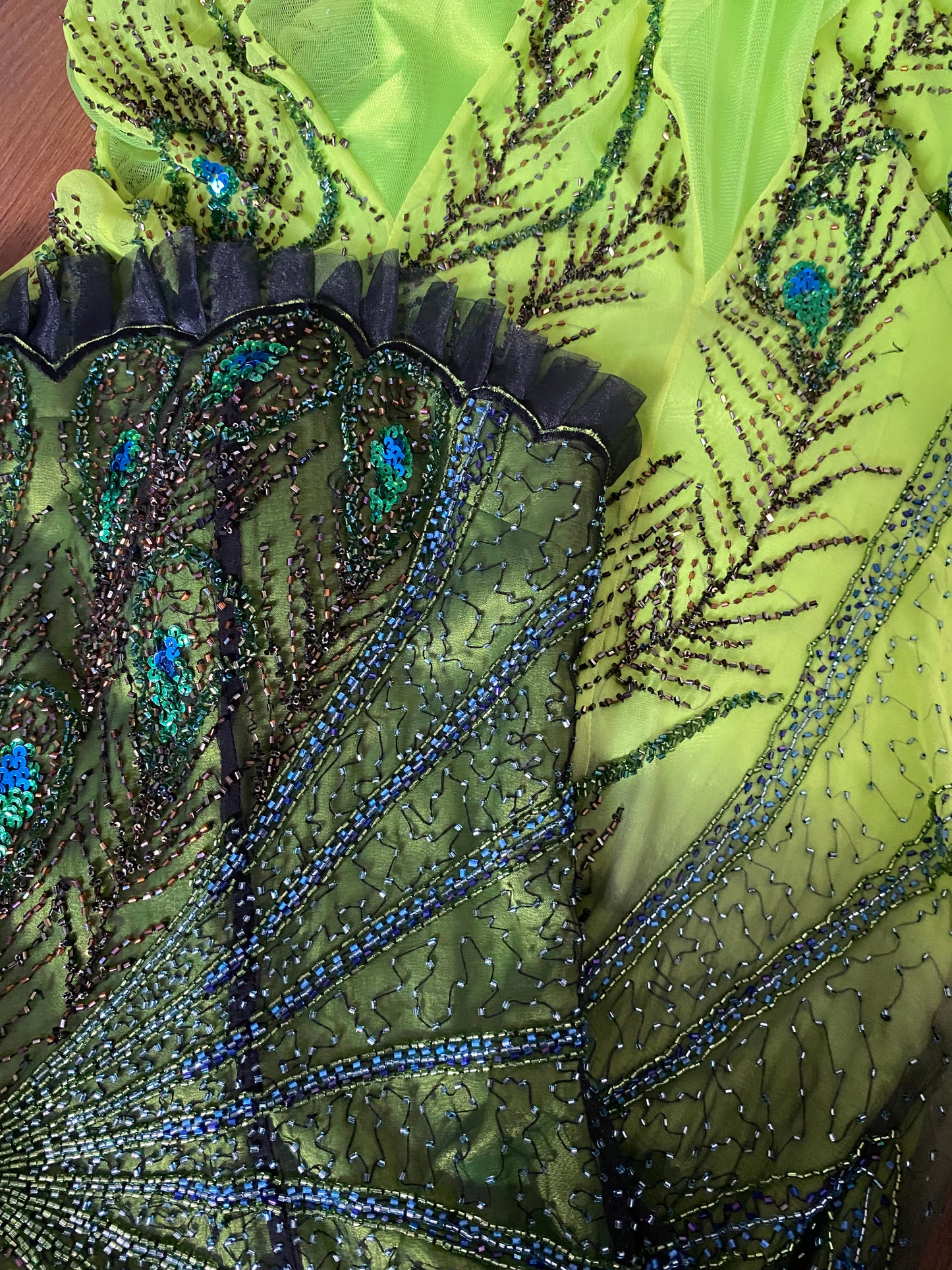 Electric green strapless heavily beaded evening dress UK 14-16