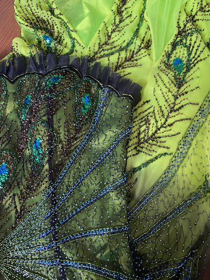 Electric green strapless heavily beaded evening dress UK 14-16