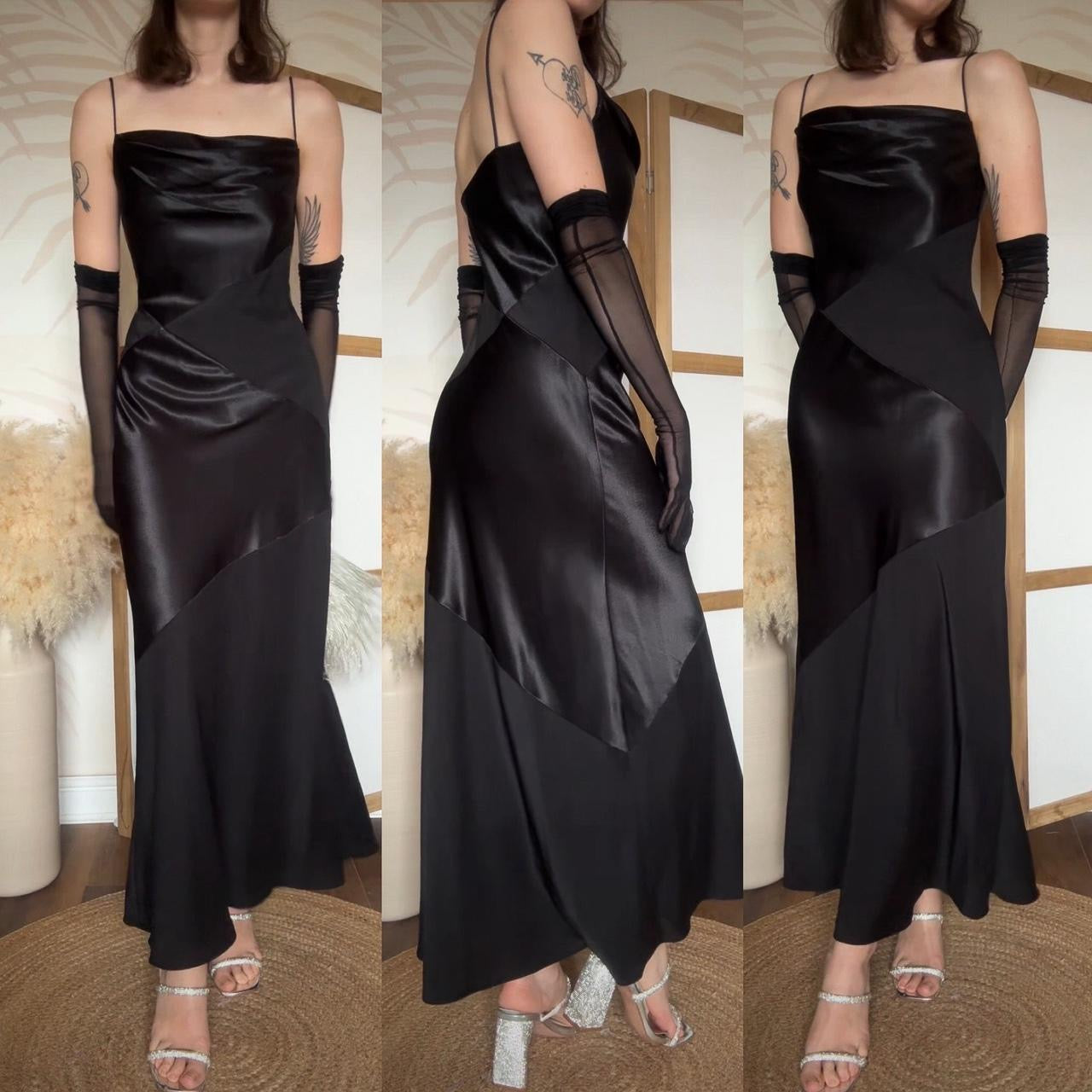 Black satin panelled slip dress uk 12