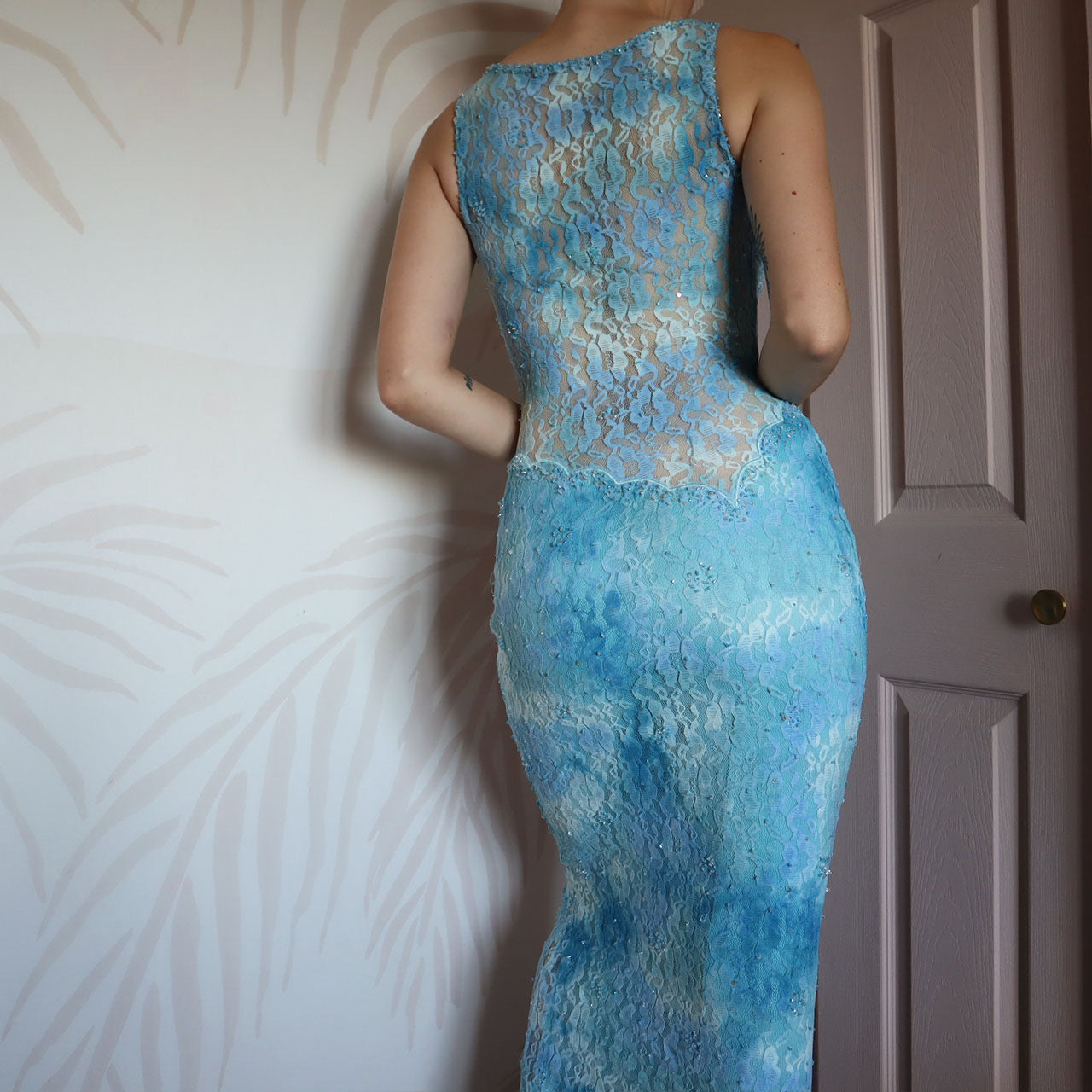 Bernshaw blue lace sheer stretch evening dress UK 10-12