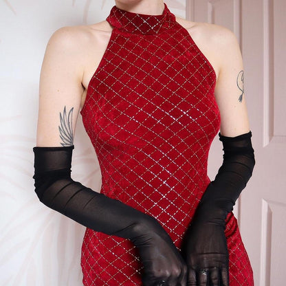 Red stretch high neck glittery evening dress UK 10